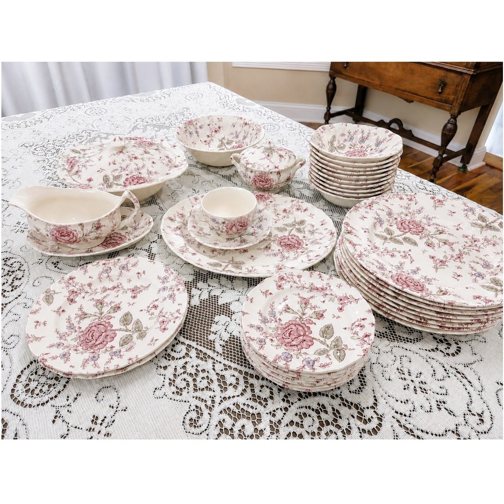 Vintage Bread Plates Set of 8 6.25" Pink Johnson Bros Rose Chintz England